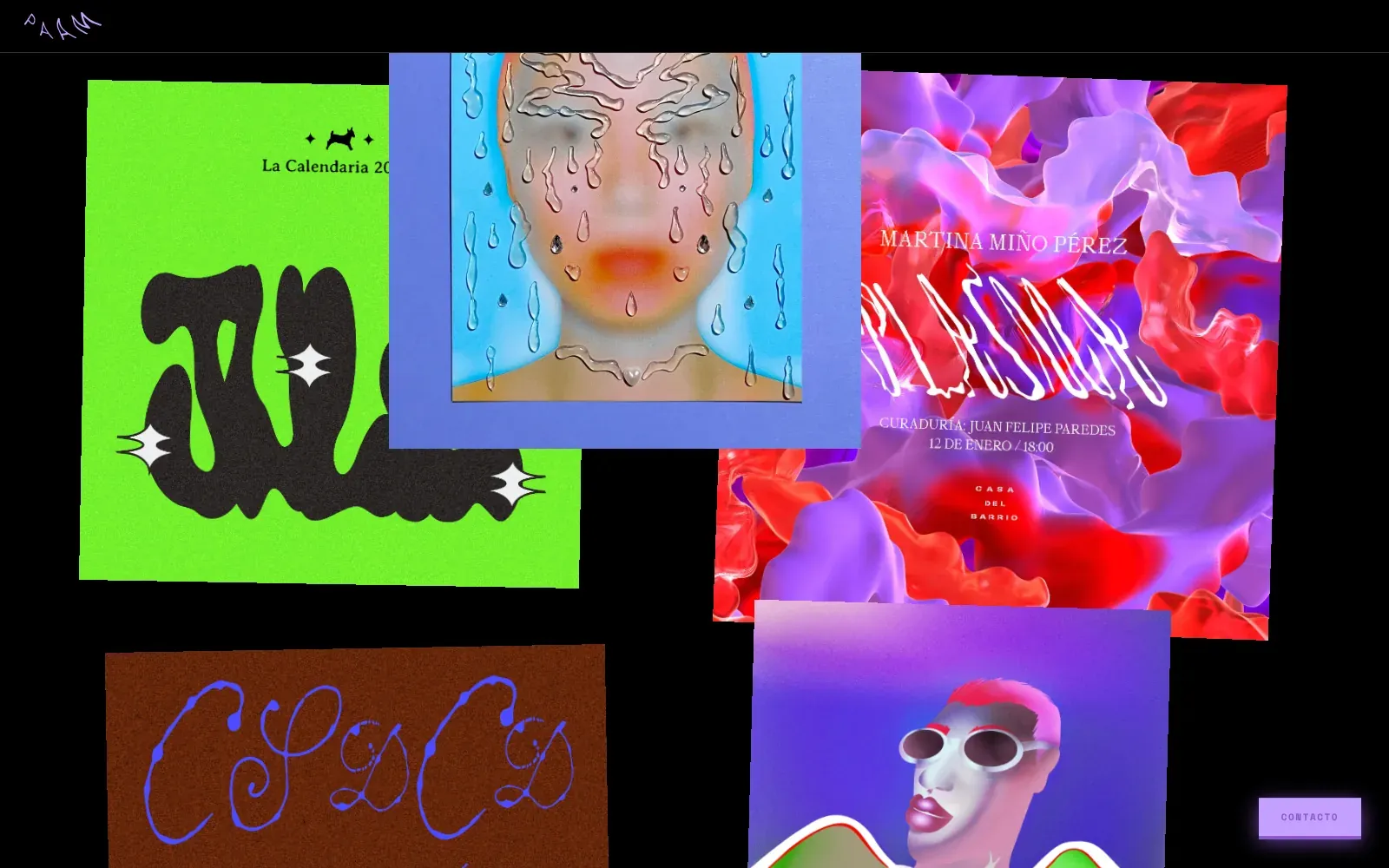 Paam's portfolio on a desktop screen: a black page with her hand-drawn lilac PAAM logo at the top left. Four of her pieces overlap like printed posters on a wall: a green calendar page with black bubble lettering, a blue portrait print sitting on top of it, a red and purple exhibition poster tilted slightly to the right, and a brown flyer below. A lilac contacto button floats in the bottom right corner.