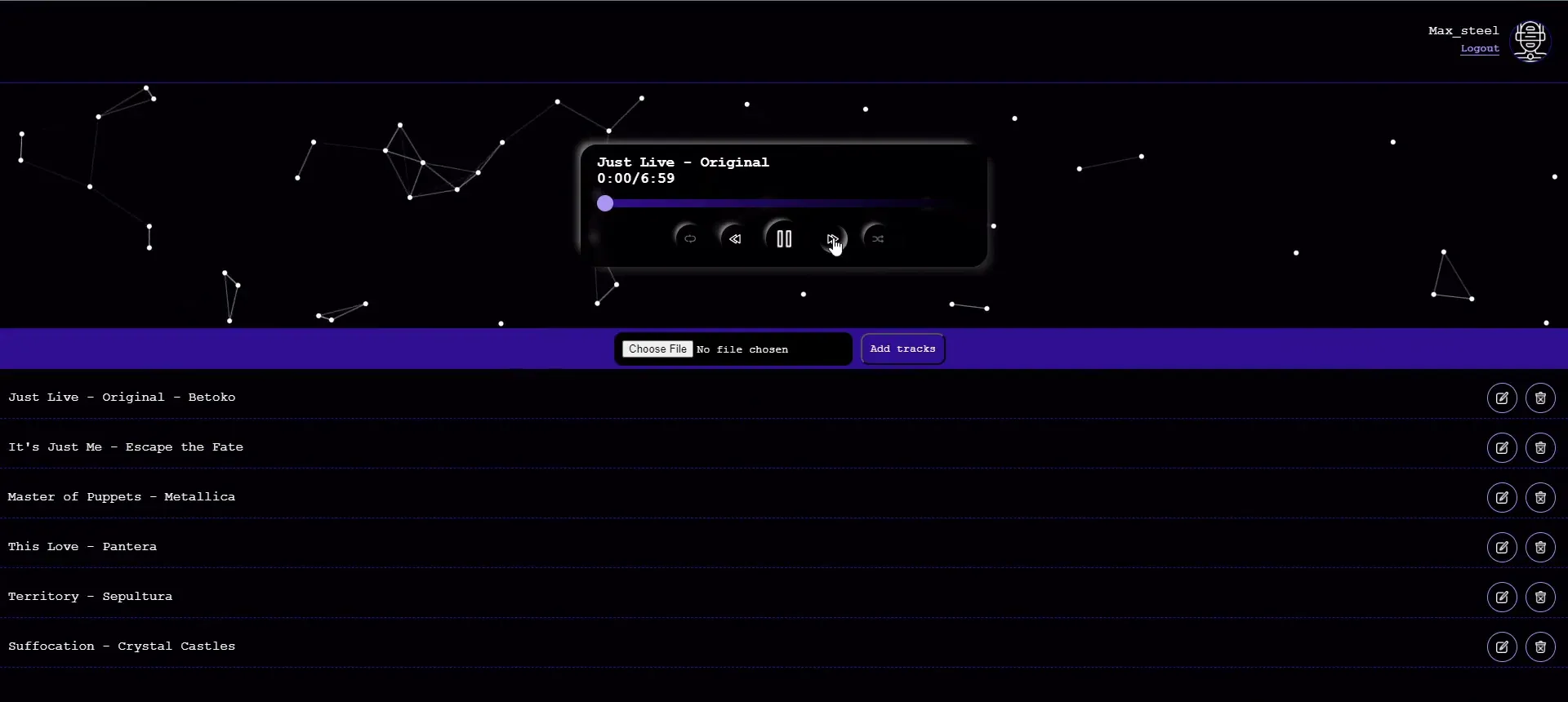 The Retro Player library: a dark screen with a floating player card showing “Just Live – Original” at 0:00 of 6:59 with loop, previous, pause, next and shuffle buttons, over a canvas of white dots joined by thin lines. Below, a purple upload bar and a list of six songs, each with edit and delete buttons.