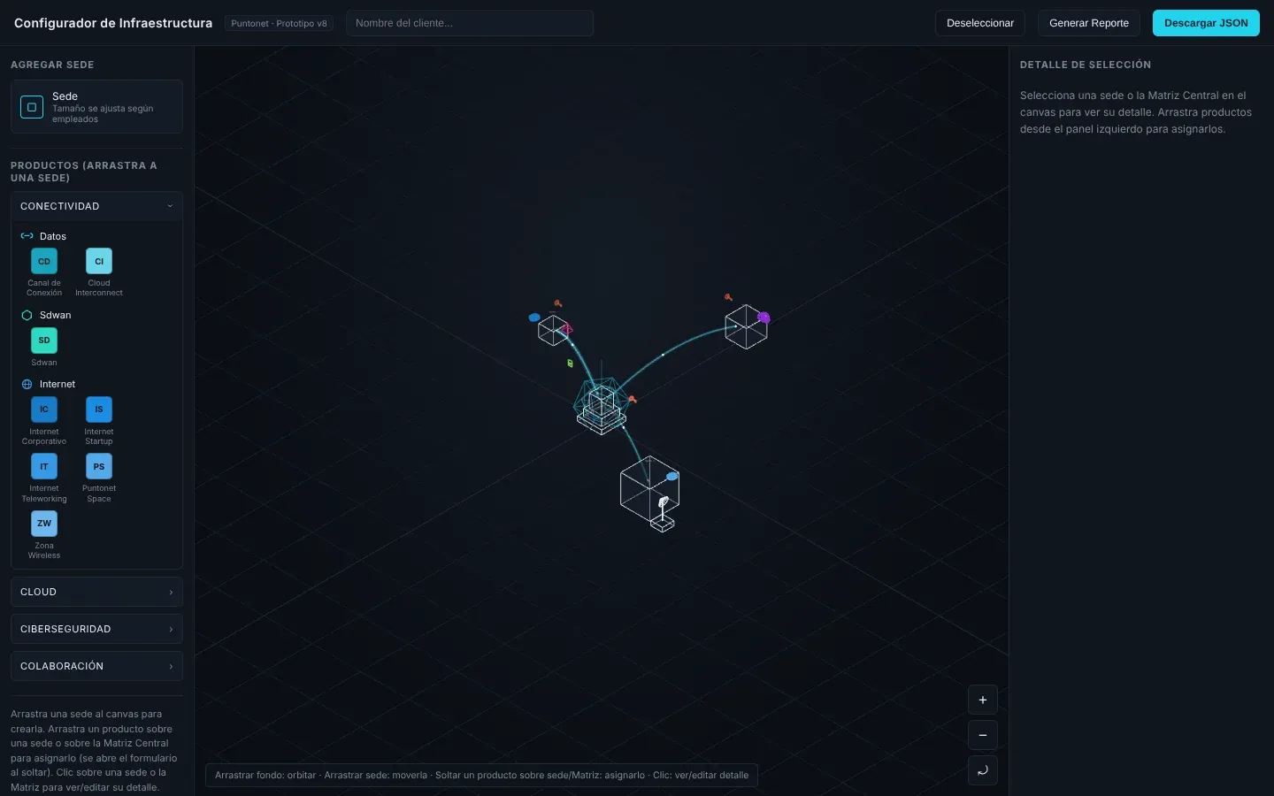 Early prototype with wireframe cubes representing offices on a dark grid, linked by thin lines, and a simple product list on the left.