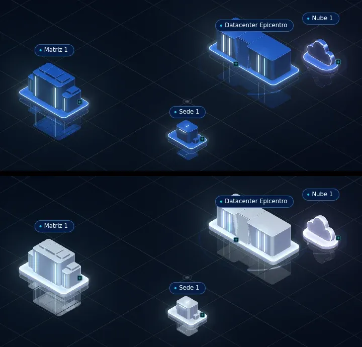 Two versions of the same 3D scene compared: blue buildings on top, and the final white, softly lit buildings below.
