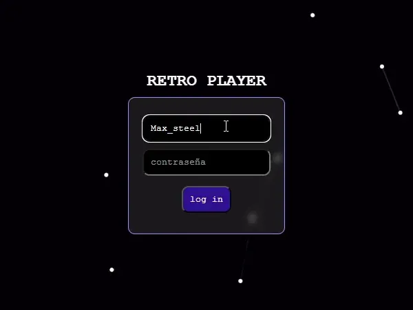 The login screen: the title RETRO PLAYER above a dark card with a username field filled in with Max_steel, a password field and a purple log in button.