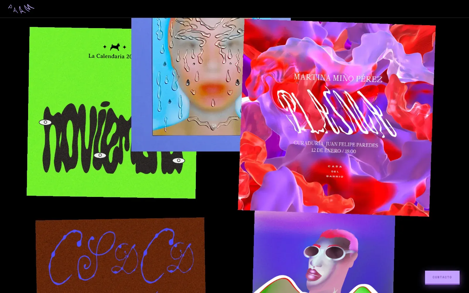 The same part of the collage with the pointer over the red and purple exhibition poster: the poster is lifted, slightly larger, and now sits in front of the blue portrait print it overlapped before.