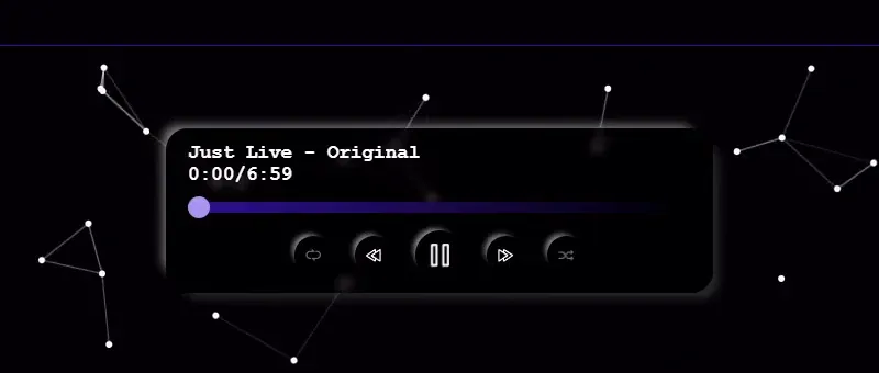 Close-up of the player card: the song title and time, a purple progress bar with a round handle, and five round buttons for loop, previous, pause, next and shuffle.