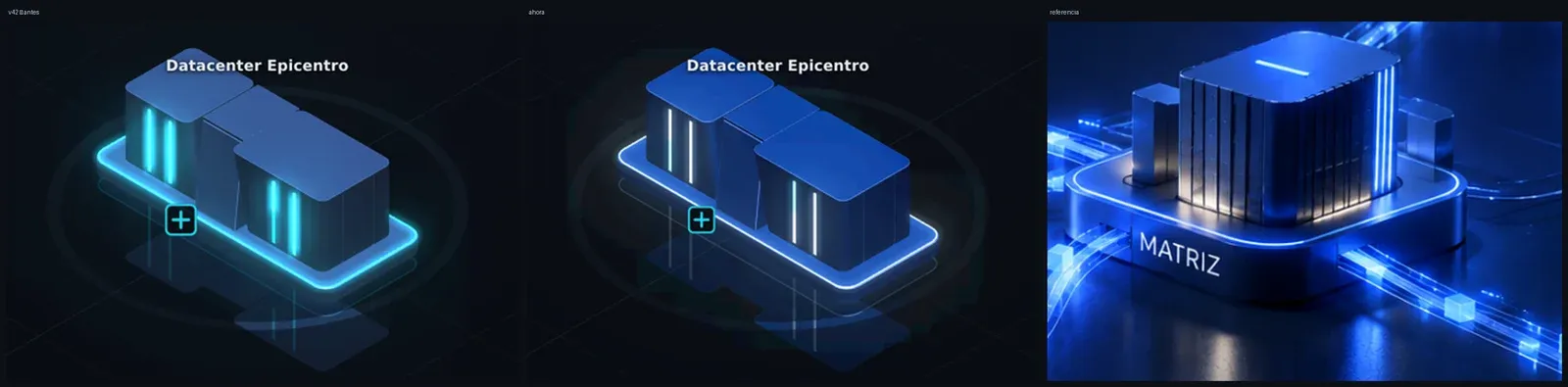 Three panels side by side: the previous datacenter render, the improved render, and the art direction reference image.