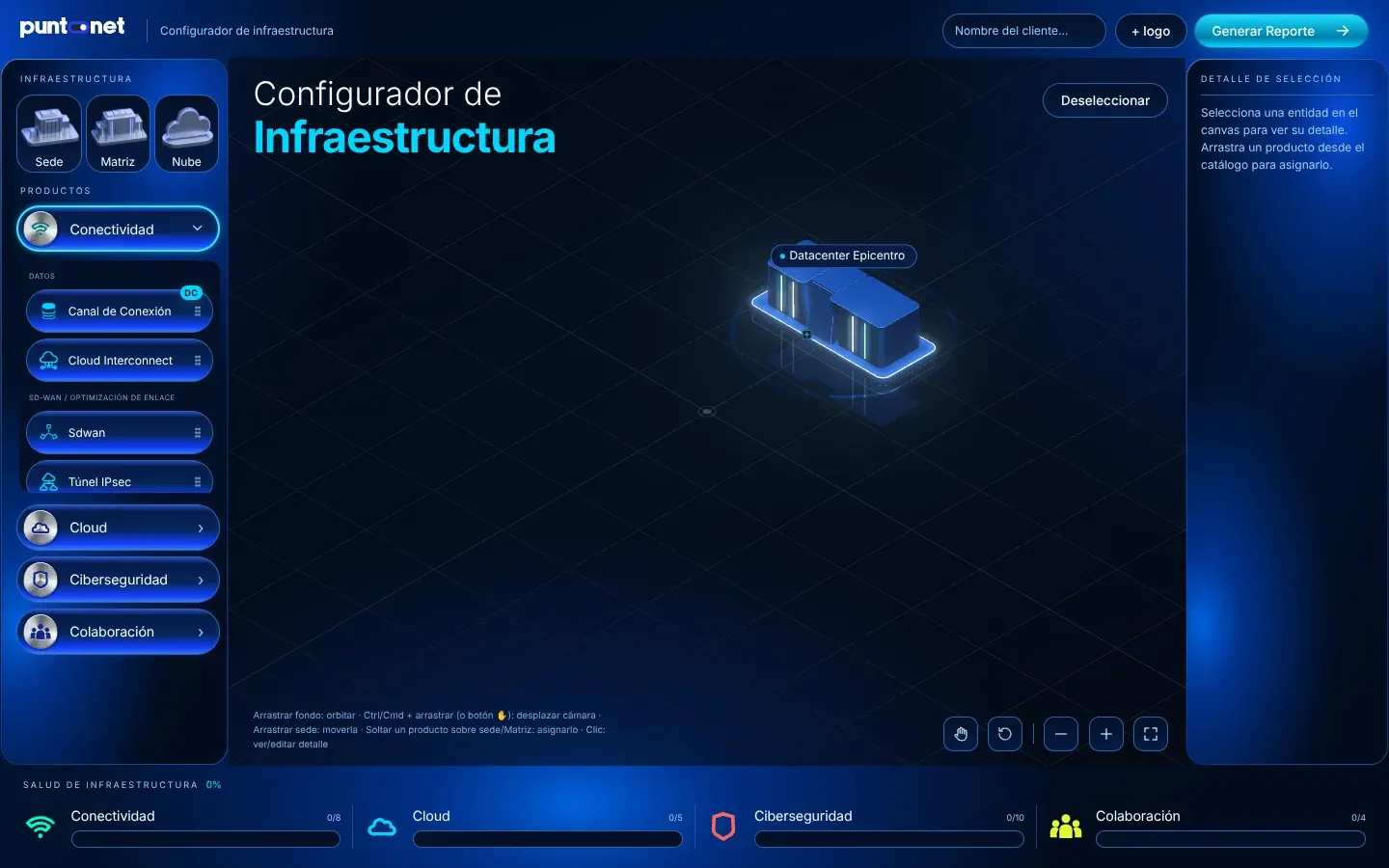 The configurator with the new branded interface: glowing blue panels, category buttons with icons, and the datacenter in the center of the scene.