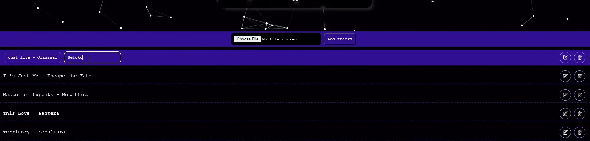 The song list with the first row in edit mode: it turns purple and shows two text inputs, “Just Live – Original” and “Betoko”, with a save button on the right.