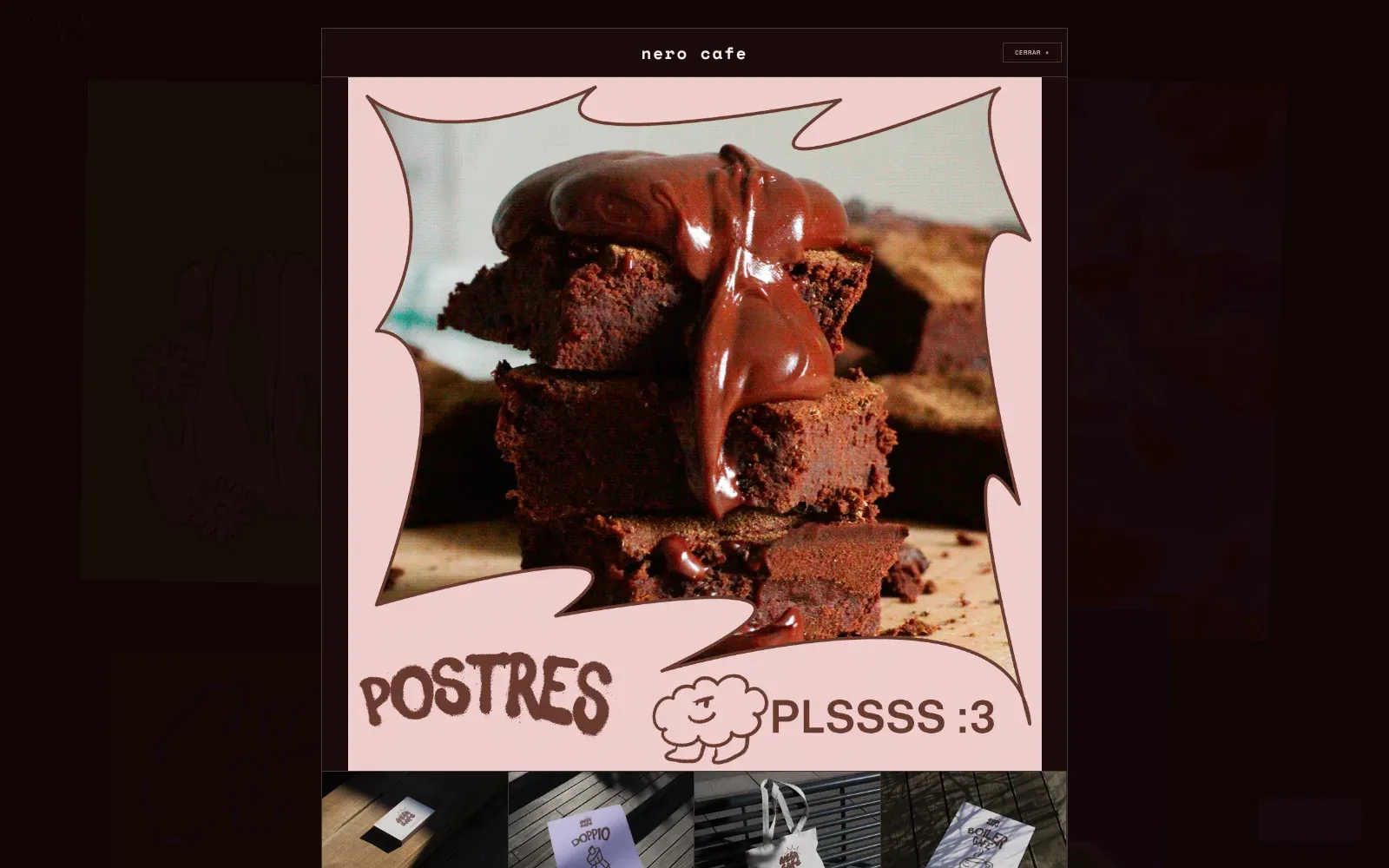 The project viewer for Nero Cafe over the dimmed collage: the title nero cafe and a cerrar button at the top, a large pink dessert menu illustration with the word POSTRES, and the first row of thumbnails of the café's branding below.
