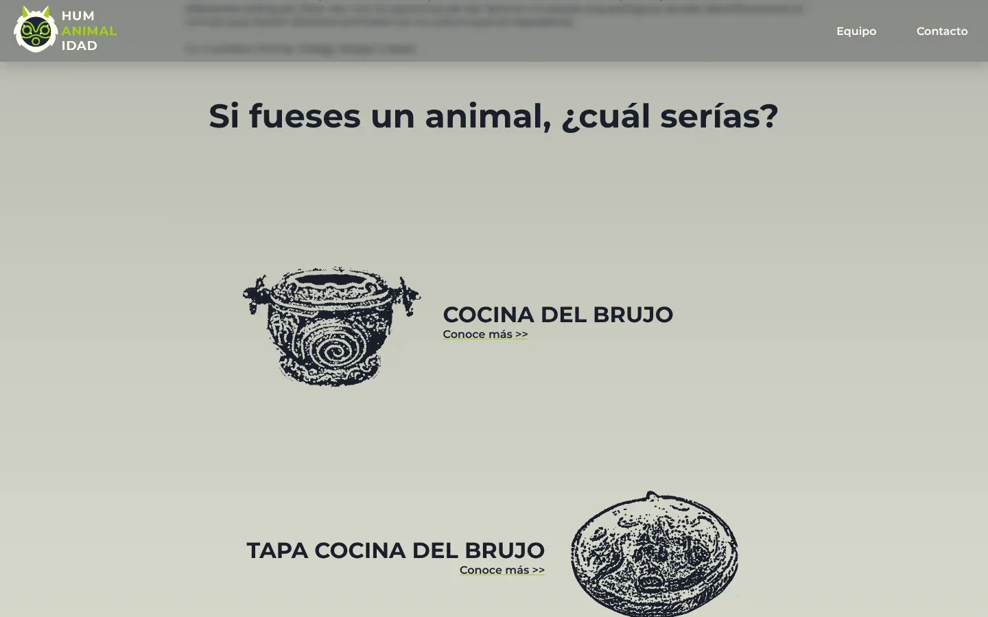 The home page section titled Si fueses un animal, ¿cuál serías? Two pieces are drawn as black engraving-style stamps on a pale background: a round pot with a spiral on the left next to the title COCINA DEL BRUJO and a Conoce más link, then the title TAPA COCINA DEL BRUJO on the left with its round lid stamp on the right.
