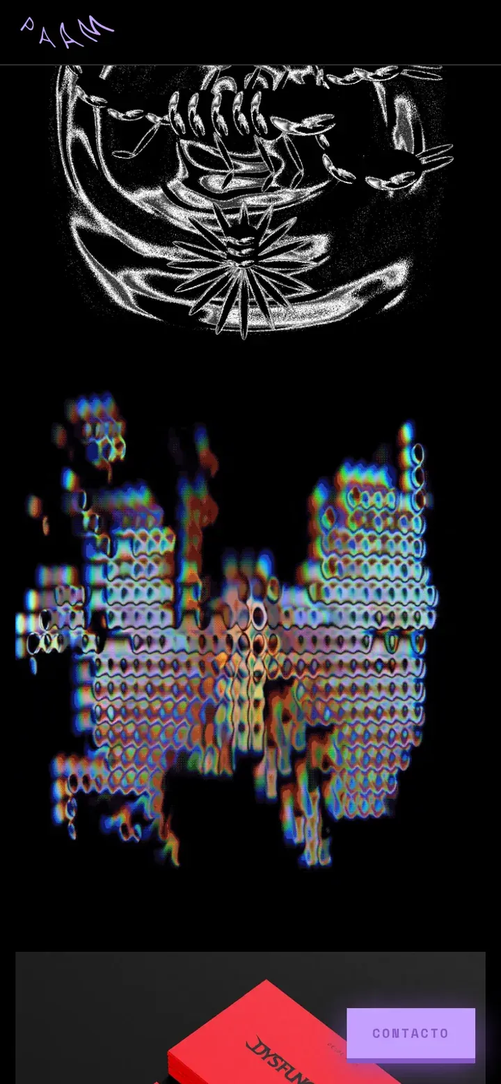 The site on a phone: the PAAM logo at the top, then Paam's pieces stacked in one straight column at full width, a chrome 3D illustration and a glitch-art piece, with the lilac contacto button in the bottom right corner.