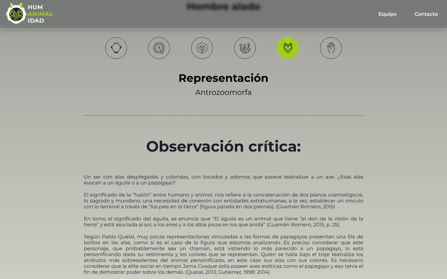 A piece page scrolled to the information tabs: six round outlined icons in a row, a pot, a clock, a cube, plants, an animal face and a hand. The animal-face tab is filled lime green, and below it the panel reads Representación, Antrozoomorfa. A dotted line separates it from the heading Observación crítica and several paragraphs about a winged figure dressed as a parrot.
