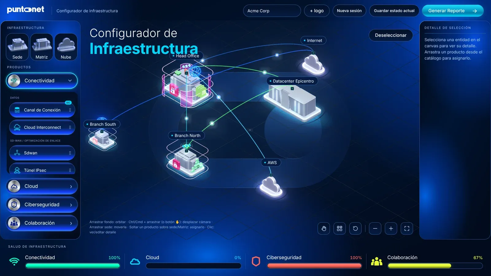 The finished configurator: a 3D scene with a head office, two branches, a datacenter and cloud providers connected by glowing lines, with a product catalog on the left and a health bar for each service category at the bottom.