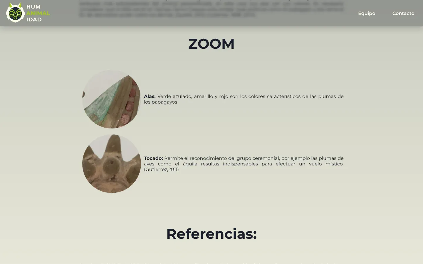 The ZOOM section of the Hombre alado page: two circular close-up photos, the first of a green and brown wing with red beads, labelled Alas, the second of a headdress with pointed shapes, labelled Tocado, each with a short explanation beside it. The heading Referencias starts below.